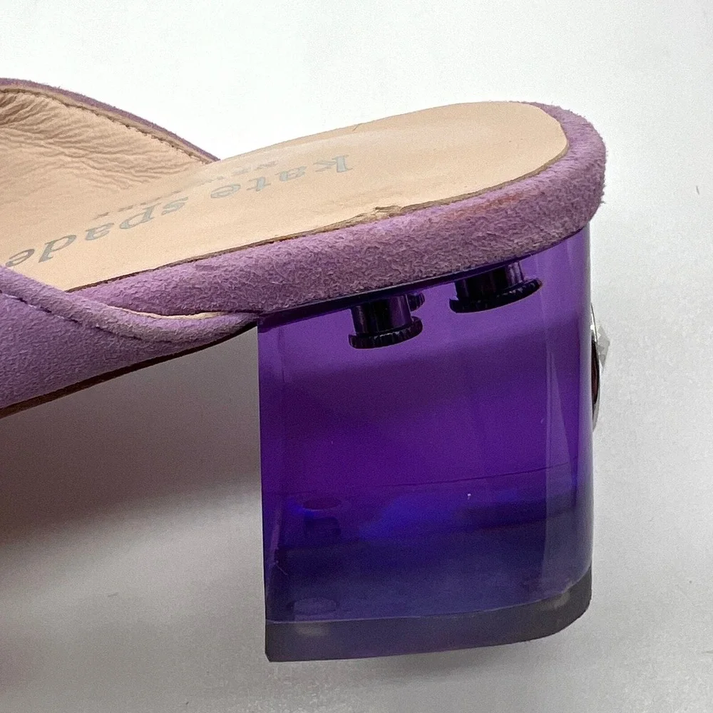 Kate Spade Mules Women 5.5 Purple Suede Lucite Block Heel Crystal Detail